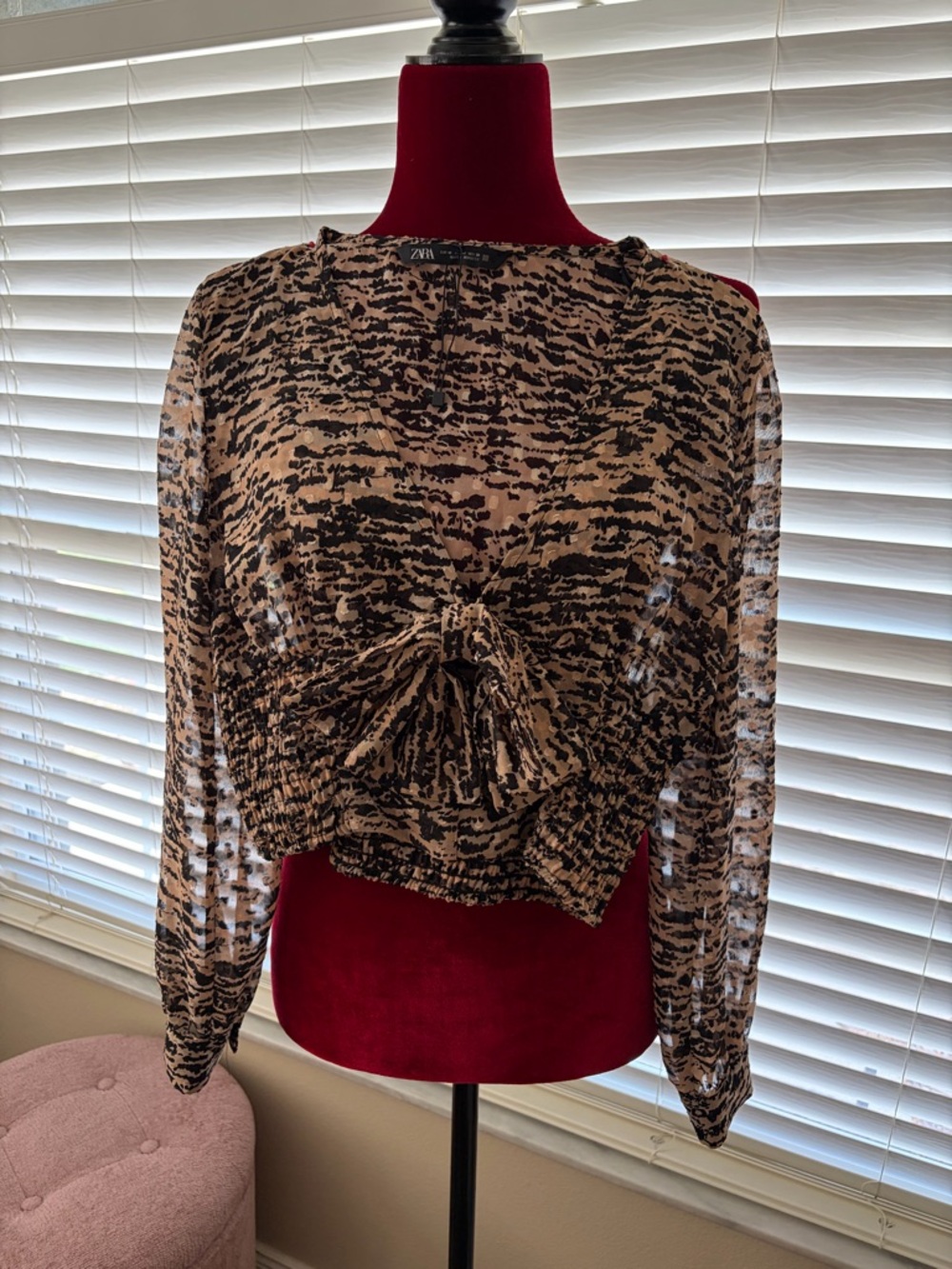 Zara Black and Beige Printed Tie-Front Sheer Blouse